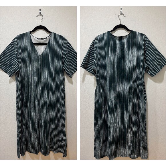 Marimekko Uniqlo Dress Women Medium Green Stripe Kaftan Pockets Nautical Beach - Picture 1 of 7